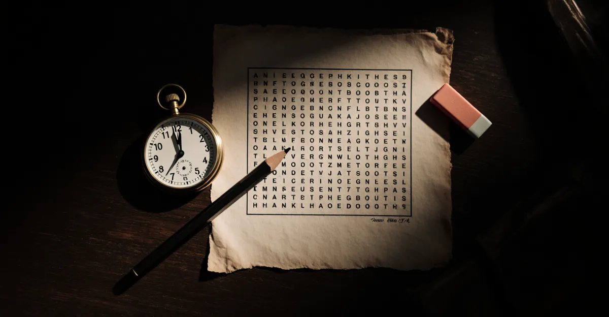 Vintage brass stopwatch beside a word search puzzle on a noir detective desk — speed solving strategy