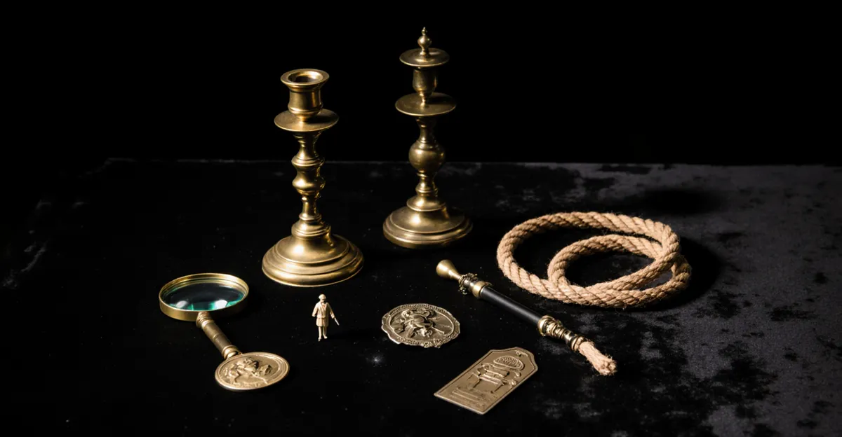 Vintage murder mystery board game pieces — candlestick, rope and magnifying glass on dark velvet surface