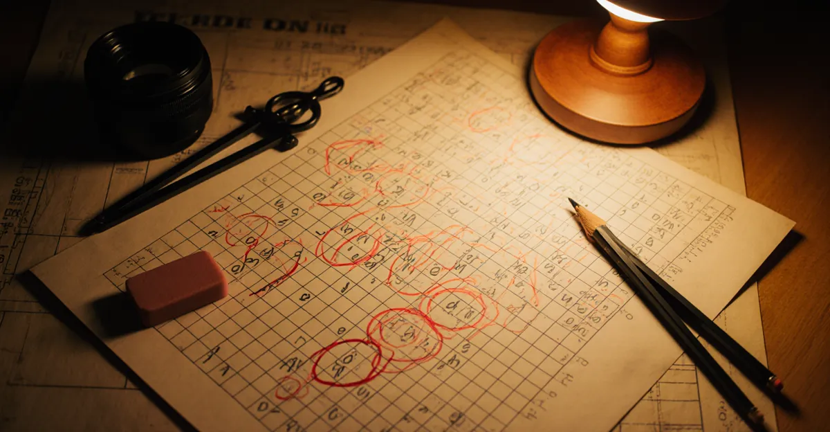 Graph paper letter grid with red-circled cells and pencil annotations — murder mystery puzzle design process