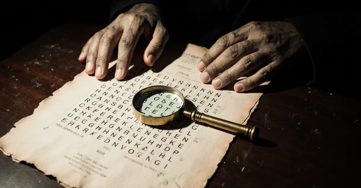 Magnifying glass resting on a vintage murder mystery word search puzzle grid — detective investigation