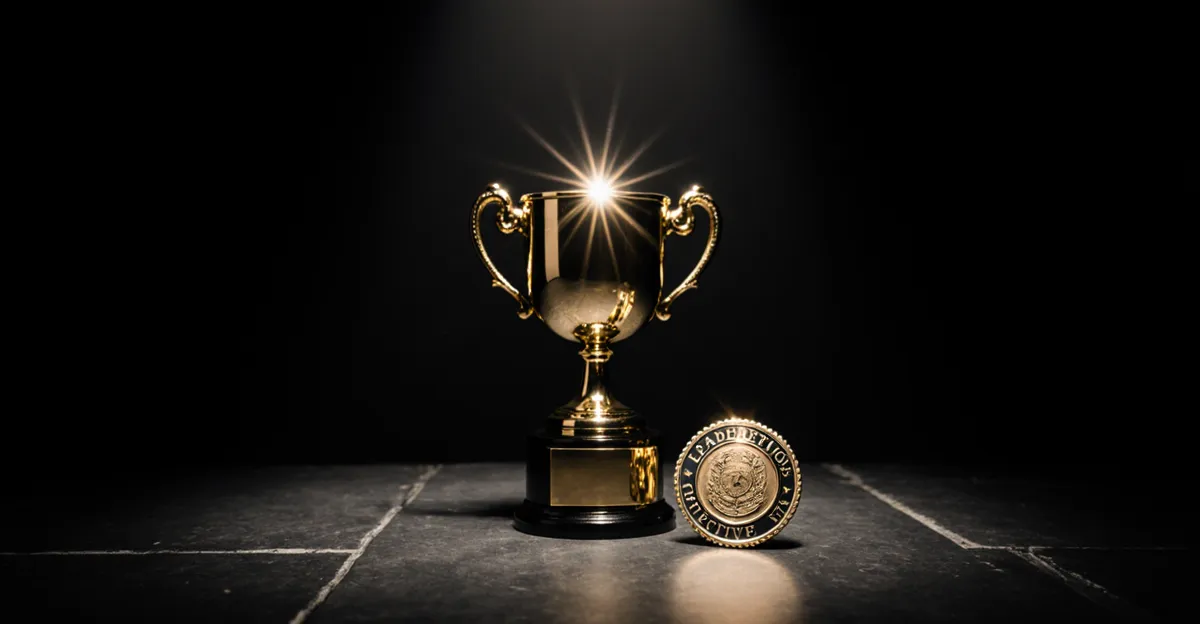 Gold detective badge and trophy under dramatic spotlight on dark background — Murdsearch Mysteries leaderboard