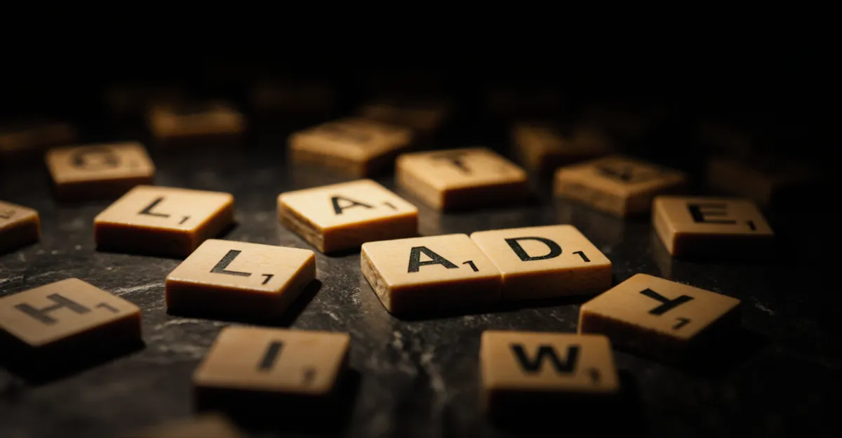 Illuminated letter tiles on dark slate surface revealing a hidden murder mystery clue — leftover letter mechanic
