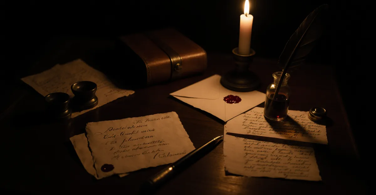 Victorian candlelit writing desk with scattered case notes, quill pen and poison vial — murder mystery Volume 2